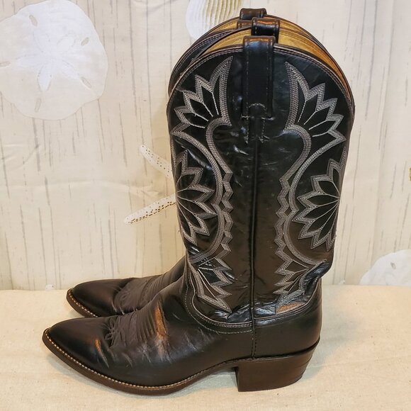 VINTAGE DAN POST BLACK LEATHER WESTERN DRESS BOOTS SIZE 9.5 D MADE IN USA - Picture 3 of 11